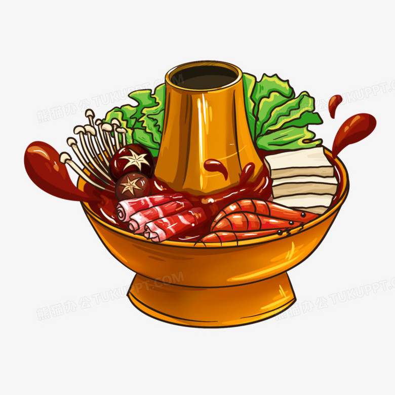 在整个配色上使用多种色彩作为基础色调,设计了牛肉蔬菜火锅,整体呈现