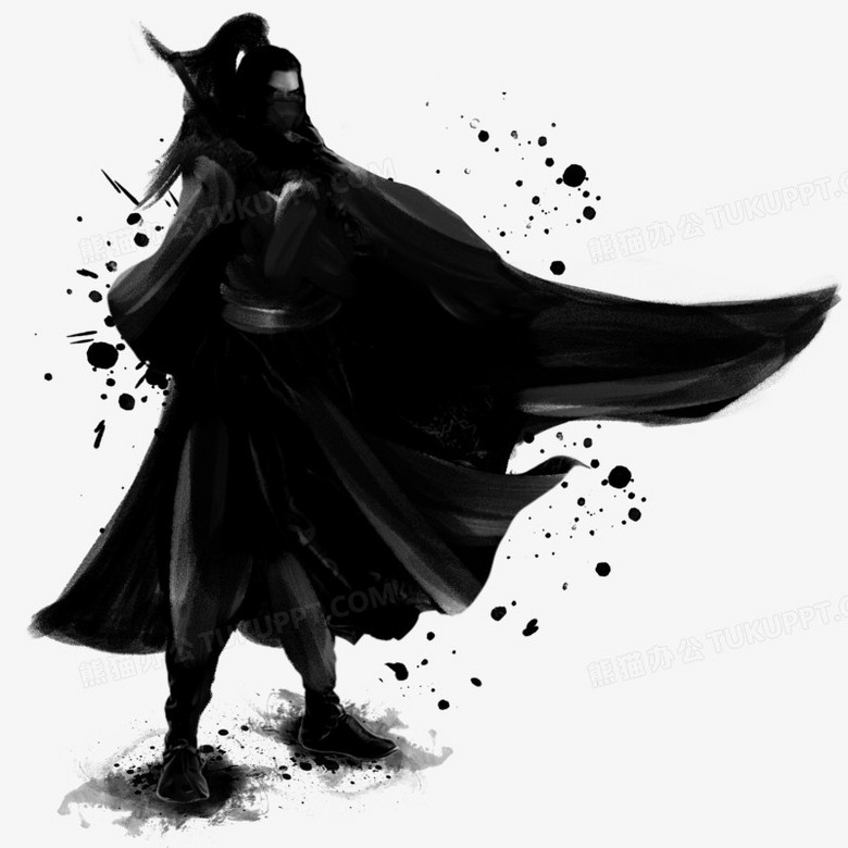 本作品全称为《黑色简约风水墨蒙面长衣飘飘的侠客元素》,使用 adobe
