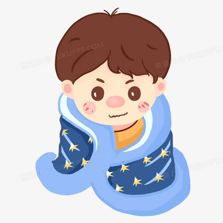 本作品全称为《彩色卡通风裹着被子取暖的小男孩元素》,由迷南文化