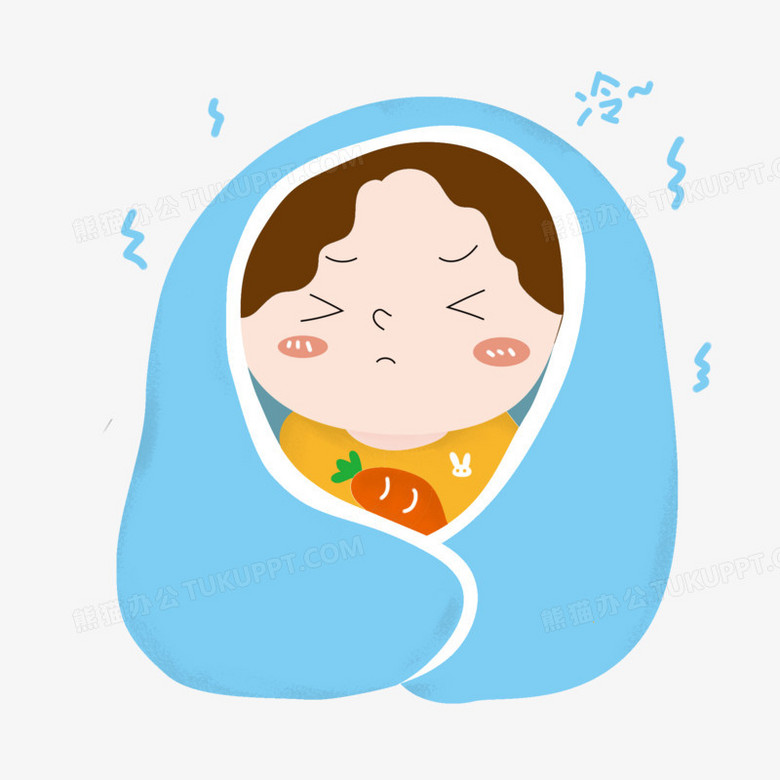 本作品全称为《蓝色卡通风裹在被子里瑟瑟发抖的女孩元素》,由迷南