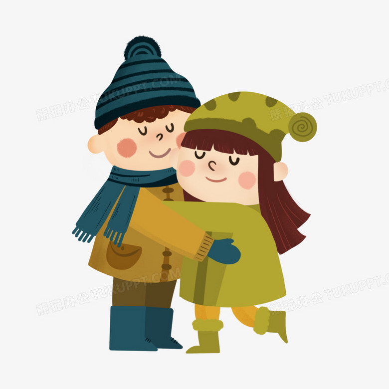 手绘卡通冬日情侣冬装拥抱素材