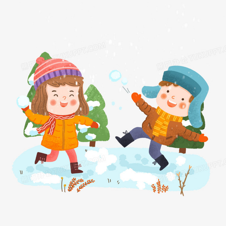 手绘卡通小伙伴打雪仗插画免抠元素