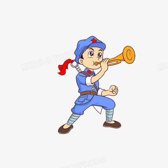 本作品全称为《蓝色卡通风吹着喇叭的小红军创意元素》,在整个配色上
