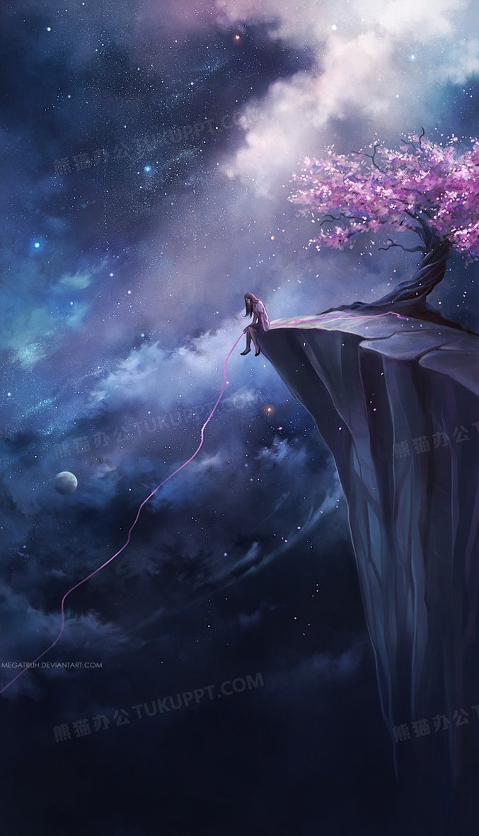 夜空星云粉色花树女孩动漫