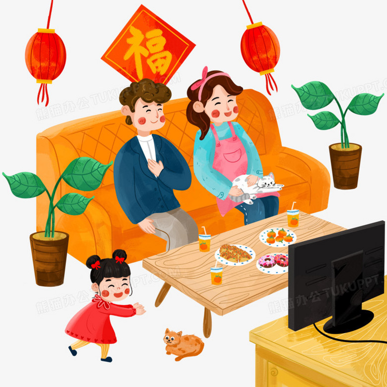 手绘插画风格看春晚免抠素材