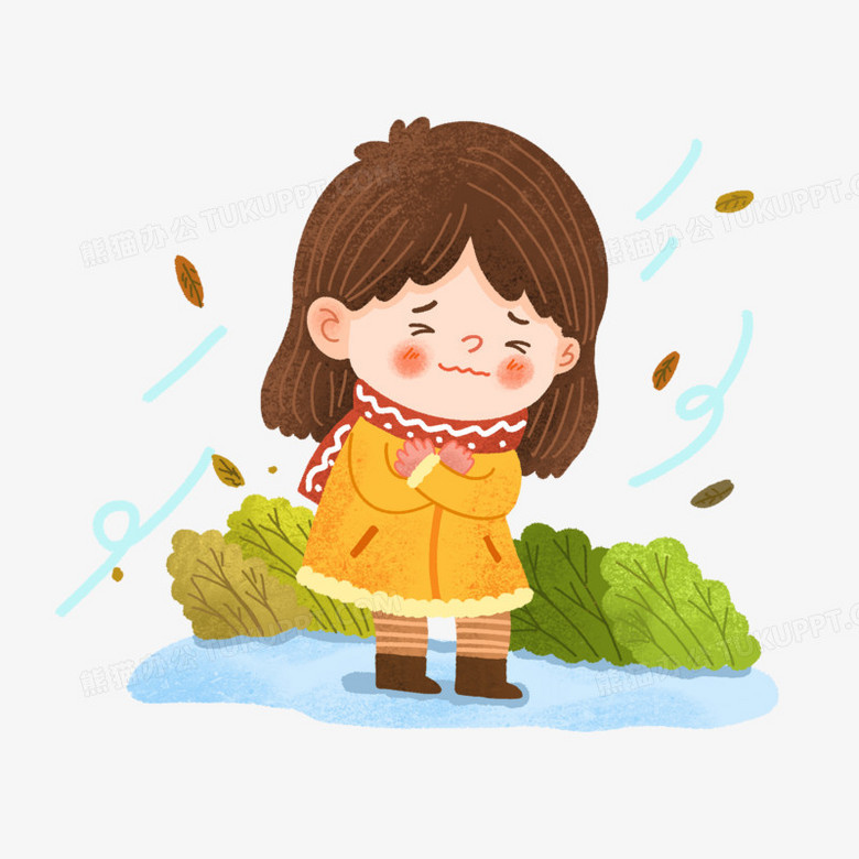 手绘卡通风中发抖的女孩免抠元素