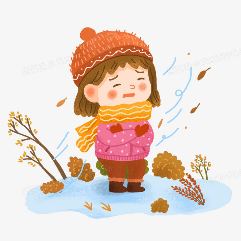 手绘卡通风中发抖的女孩免抠元素