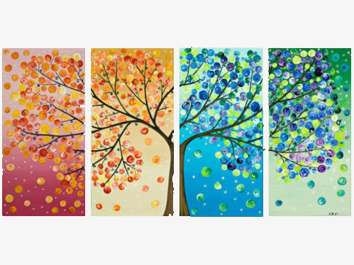 本作品全称为《蓝色简约风春夏秋冬四季风景书签元素》,在整个配色上