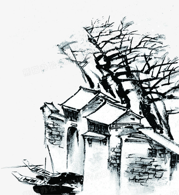 水墨画房屋毛笔字