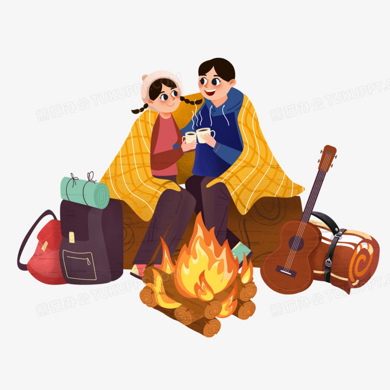 手绘卡通情侣野外生火取暖素材