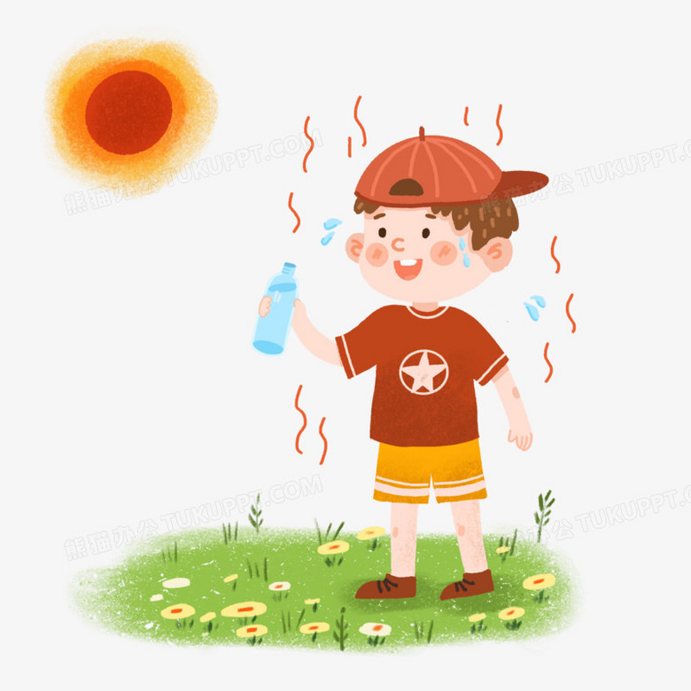 手绘卡通口渴喝水的人插画免抠元素