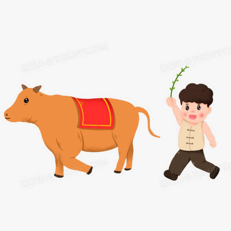 手绘春天小男孩打春牛免抠元素