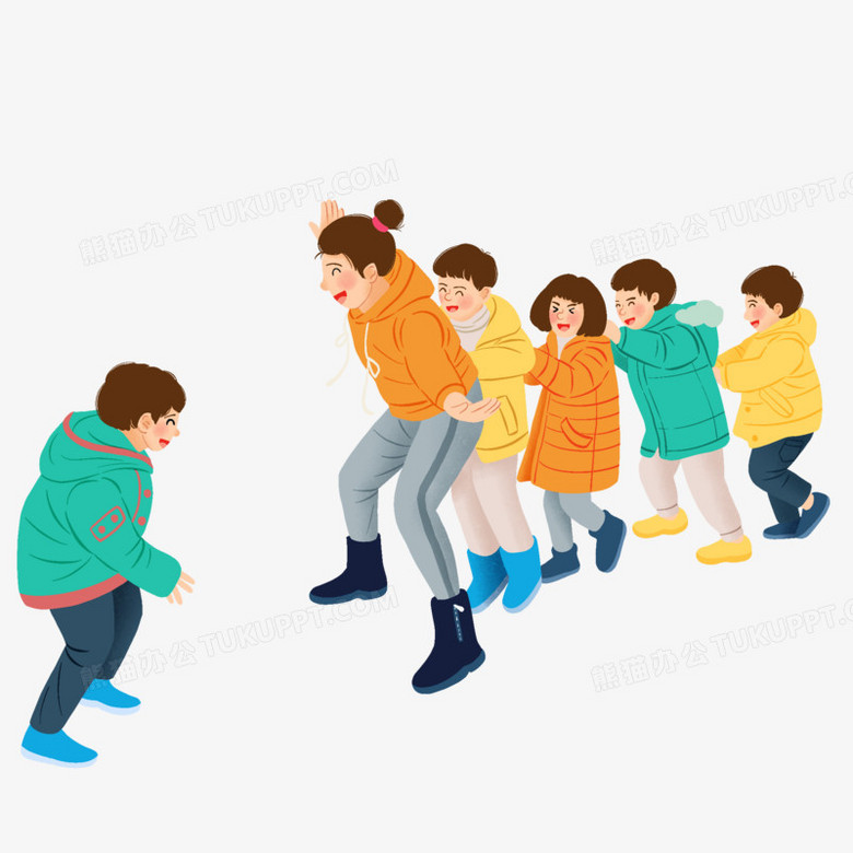 手绘插画风老师带孩子老鹰捉小鸡元素