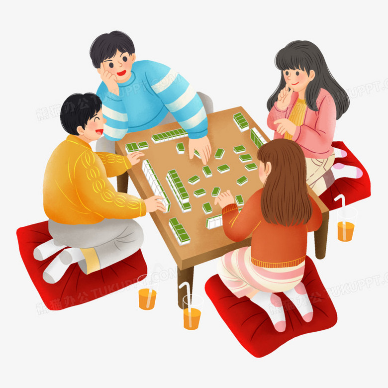 手绘插画风打麻将元素