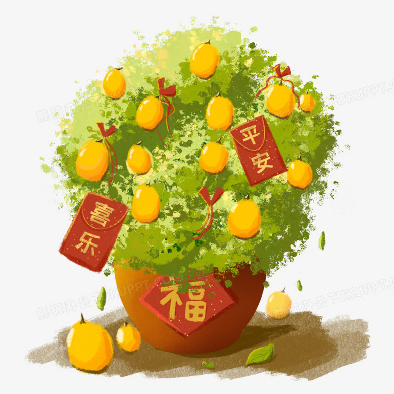 本作品全称为《绿色卡通手绘平安喜乐福字寓意号金桔树创意元素》,由