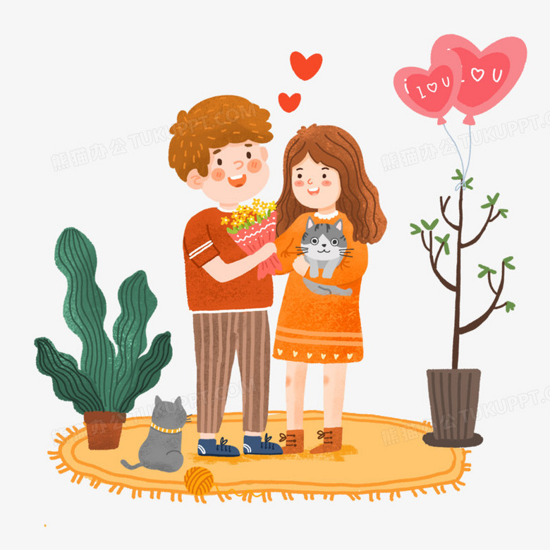 手绘卡通男生送女生花和猫咪插画免抠元素