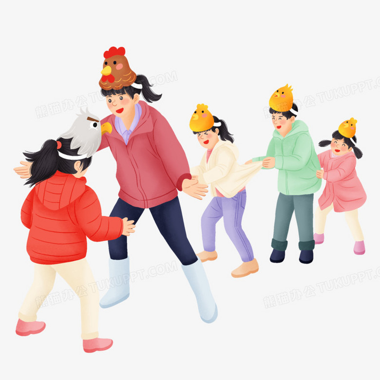 手绘插画风老师和孩子玩老鹰捉小鸡元素