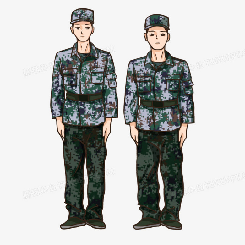 手绘卡通穿迷彩服的军人站立立正元素