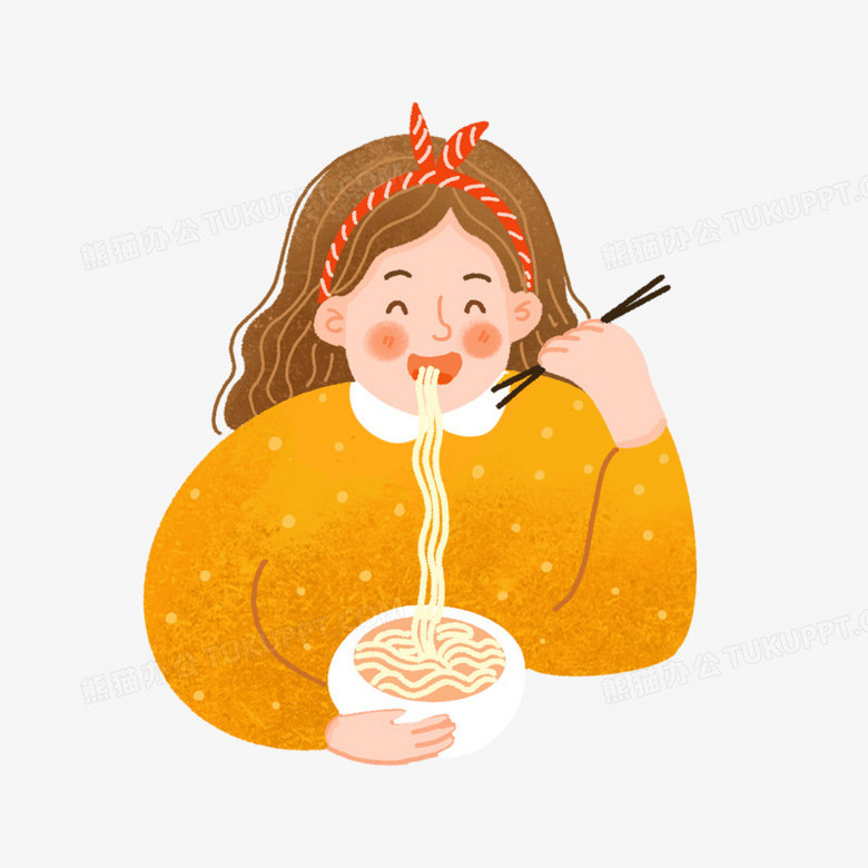 卡通手绘免抠吃面条的女孩素材