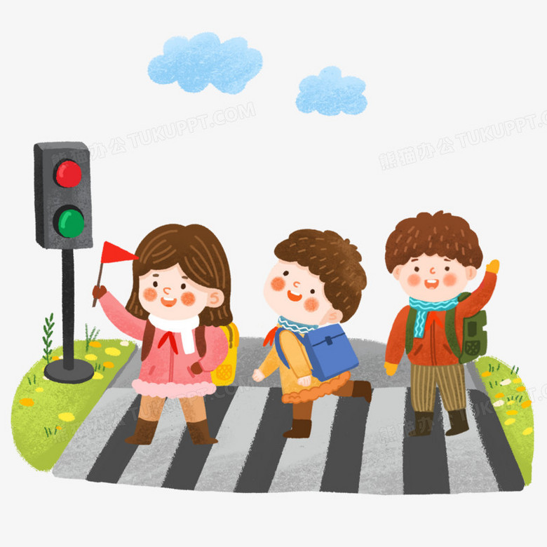 手绘卡通小学生排队过马路场景插画免抠元素png图片素材下载_小学生