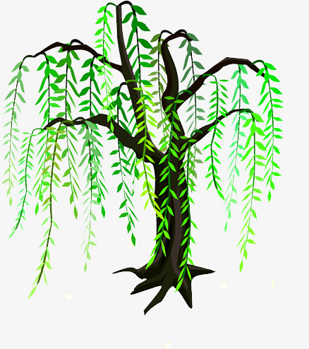 本作品全称为《绿色卡通手绘弯弯的柳树创意元素》,在整个配色上使用