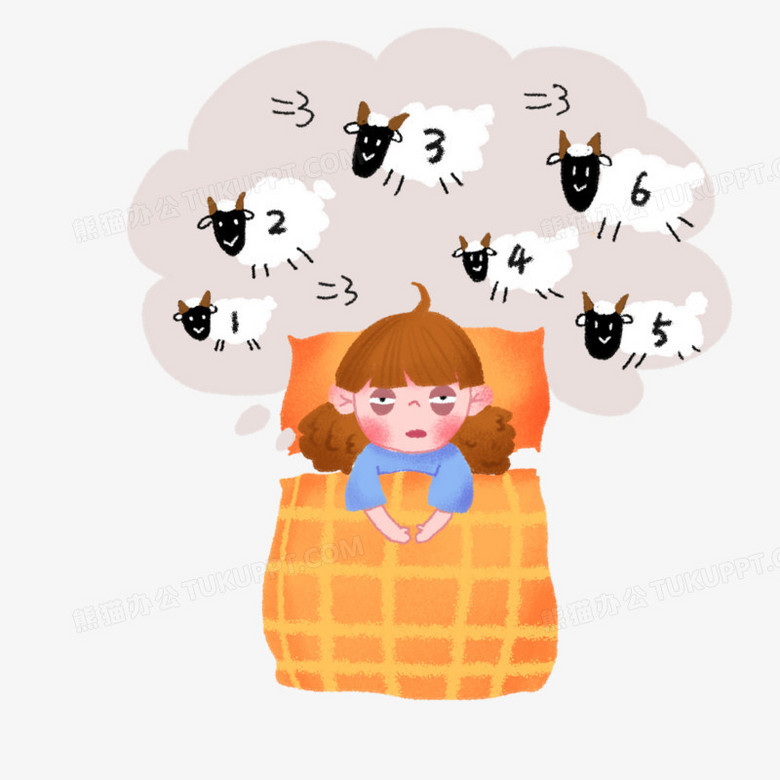 手绘睡不着的女孩失眠数羊元素