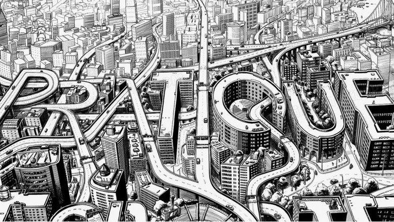 素描城市道路楼房