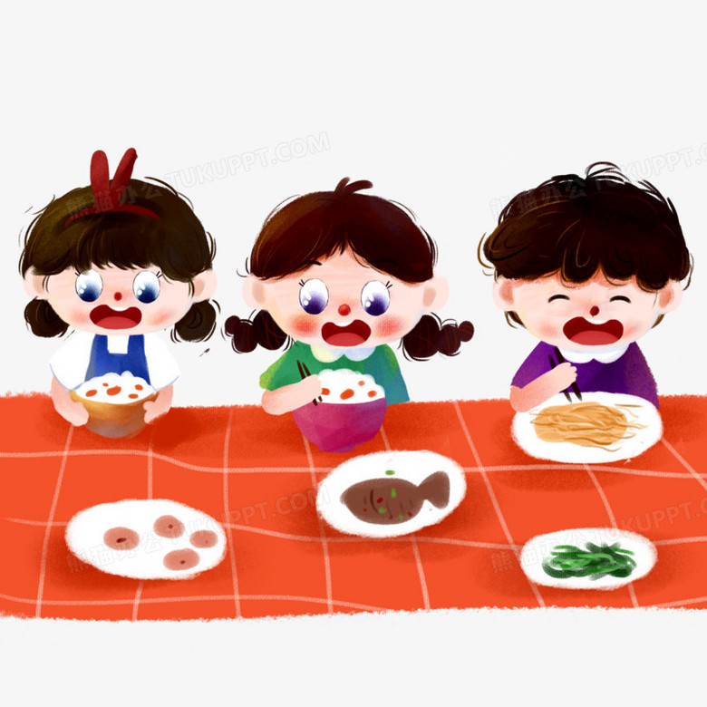 卡通手绘幼儿园小朋友吃饭素材
