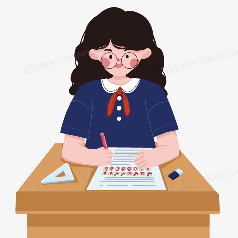 手绘女生考试做题目插画元素