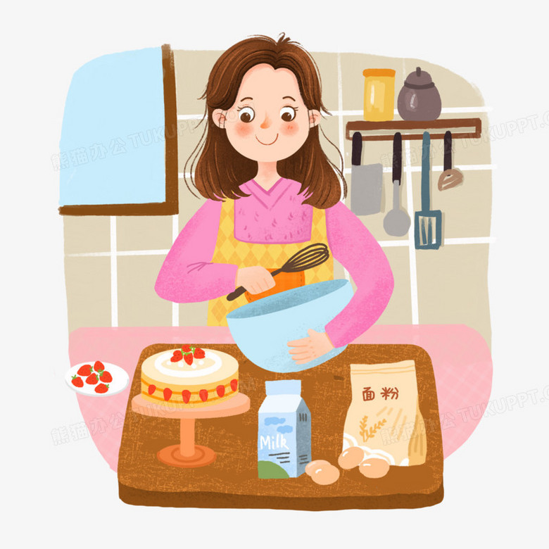 手绘卡通女孩做蛋糕插画免抠元素