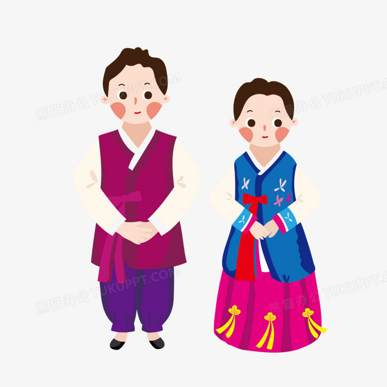 手绘卡通矢量韩服男女素材