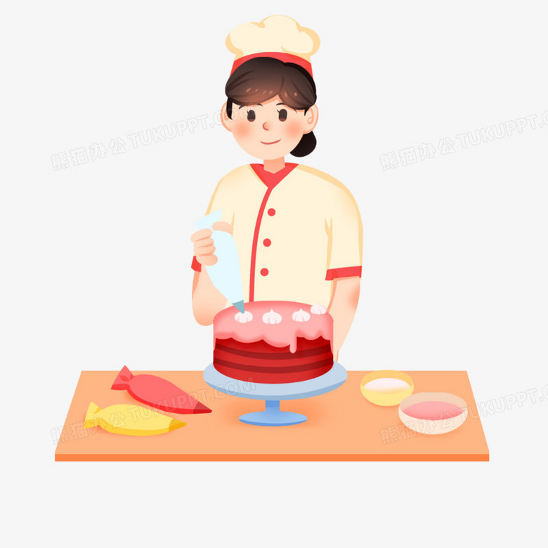 手绘卡通女生做蛋糕免抠素材