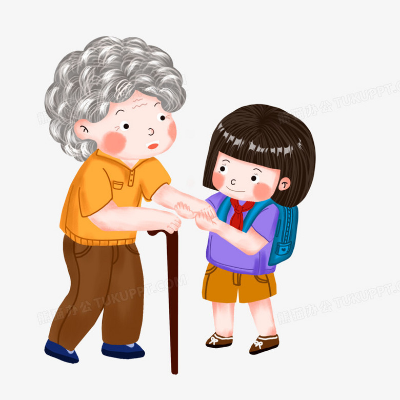 卡通手绘女孩搀扶老人素材