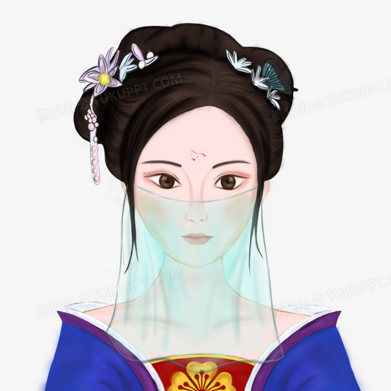 手绘古风戴面纱的女子素材
