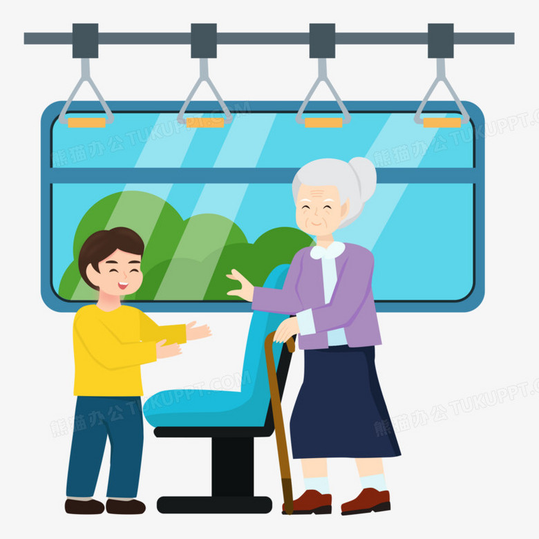 手绘卡通矢量公交上给老人让座素材