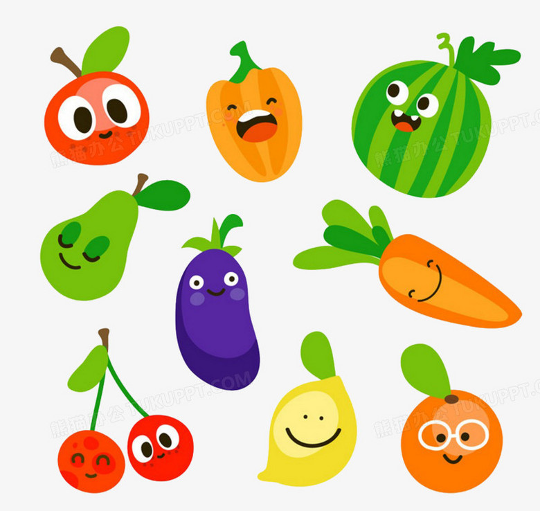 在整个配色上使用多种色彩作为基础色调,设计了九款蔬菜水果,卡通风