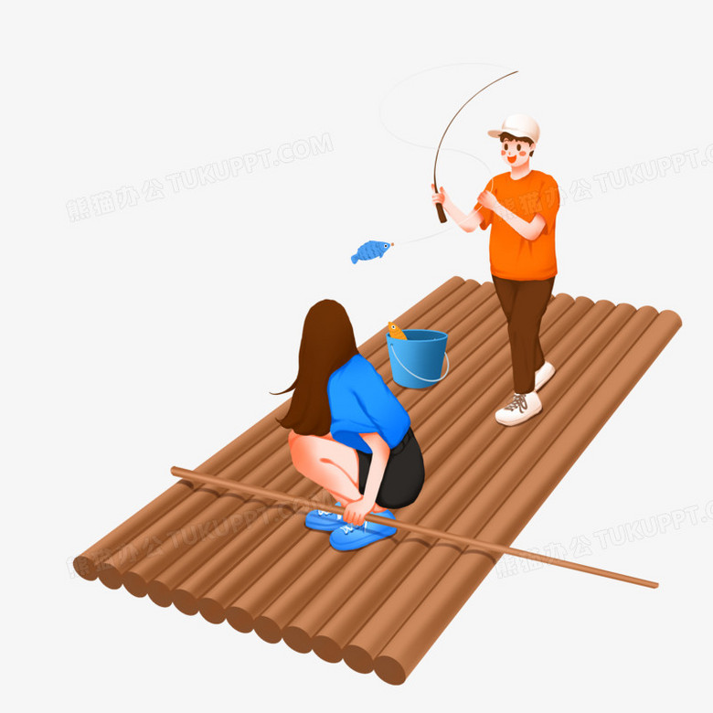 本作品全称为《卡通手绘竹筏钓鱼玩耍的男女元素》,由迷南文化传媒