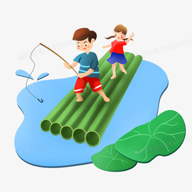 卡通手绘小竹筏漂流素材