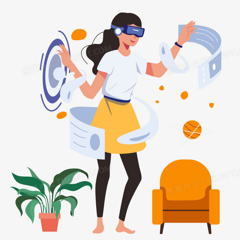 手绘插画风女生体验科技vr眼镜素材