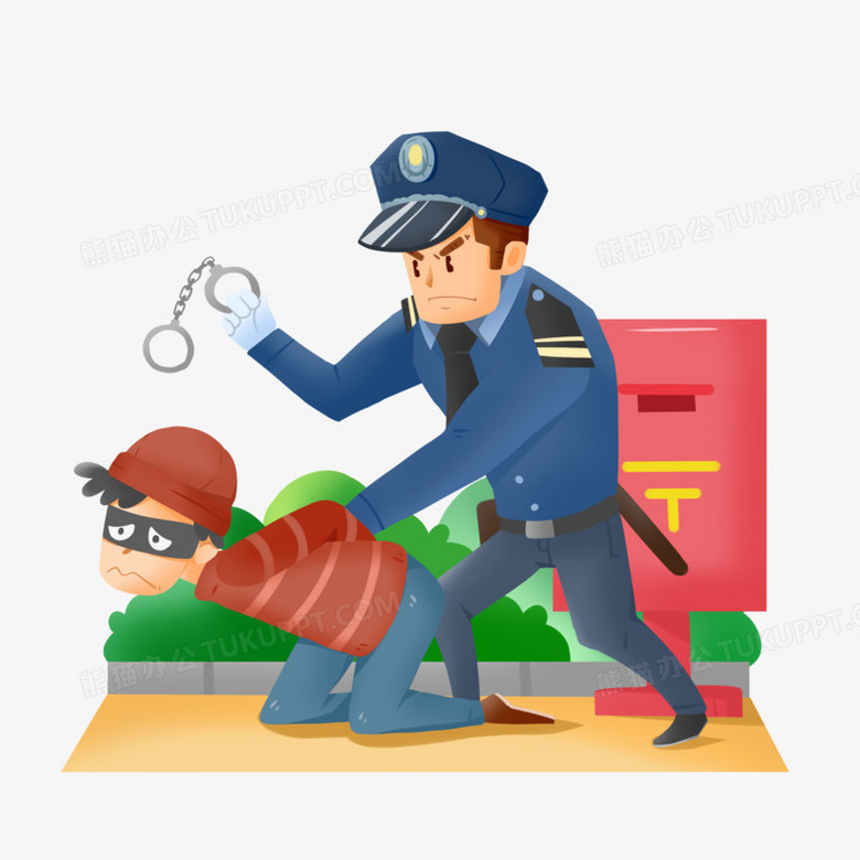 手绘卡通警察抓捕罪犯素材