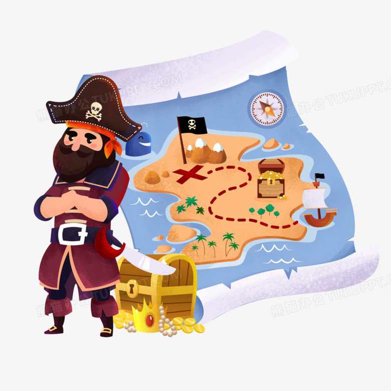 手绘卡通海盗寻宝素材
