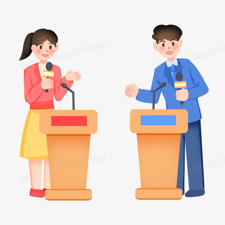 作者根据人物的形态,设计了红蓝双方辩手,为了向大家展示辩论赛的激烈