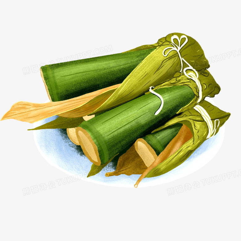 本作品全称为《绿色简约风用粽子叶包裹好的竹筒饭元素》,使用 adobe