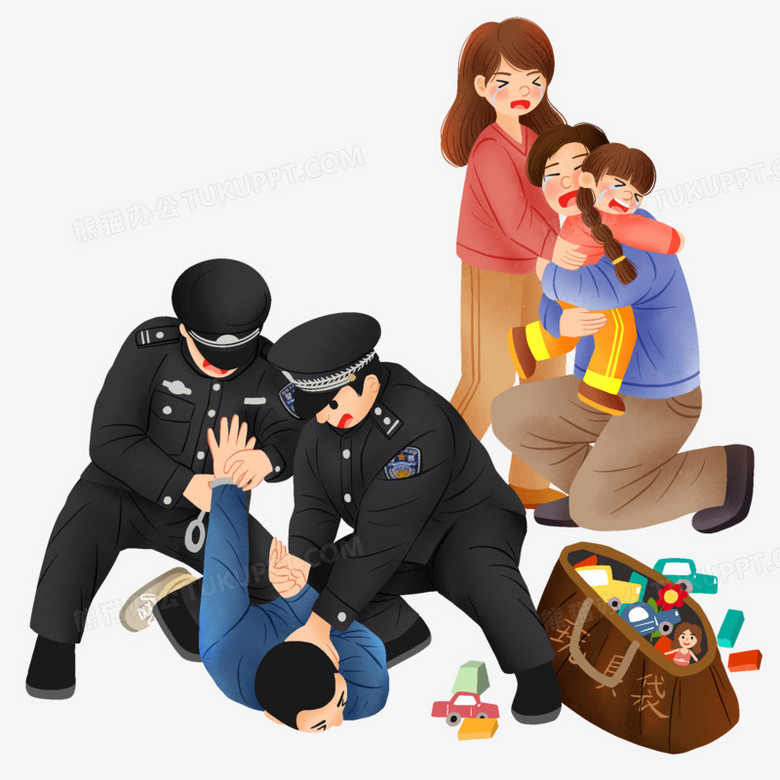 手绘插画风逮捕人贩子场景元素