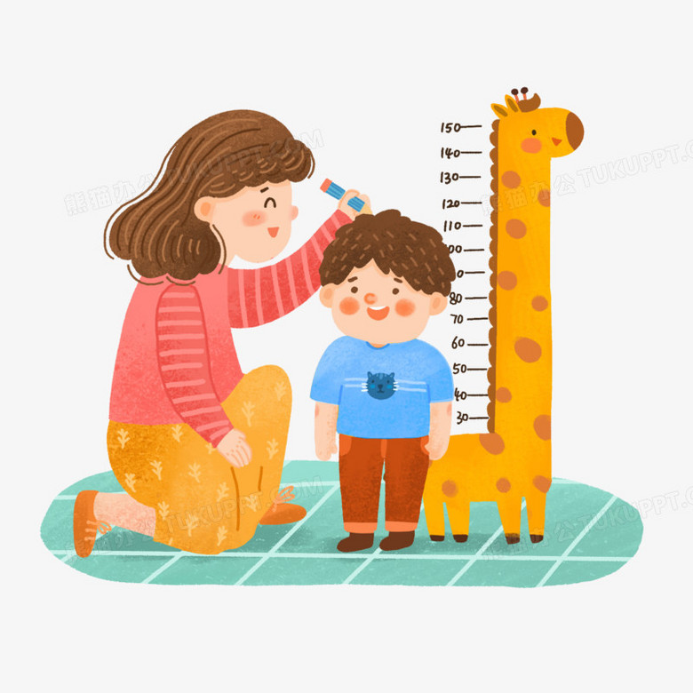 手绘卡通妈妈给孩子量身高场景免抠元素
