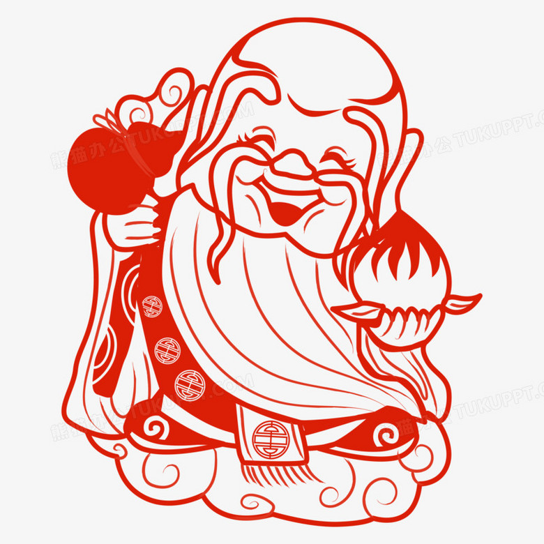 手绘红色扁平寿星公q牌新年剪纸素材