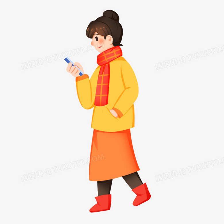 手绘卡通玩手机的女生免抠素材