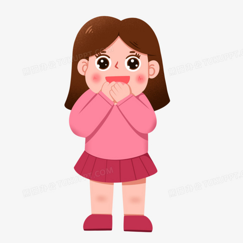 手绘粉衣女孩捂嘴笑免抠素材