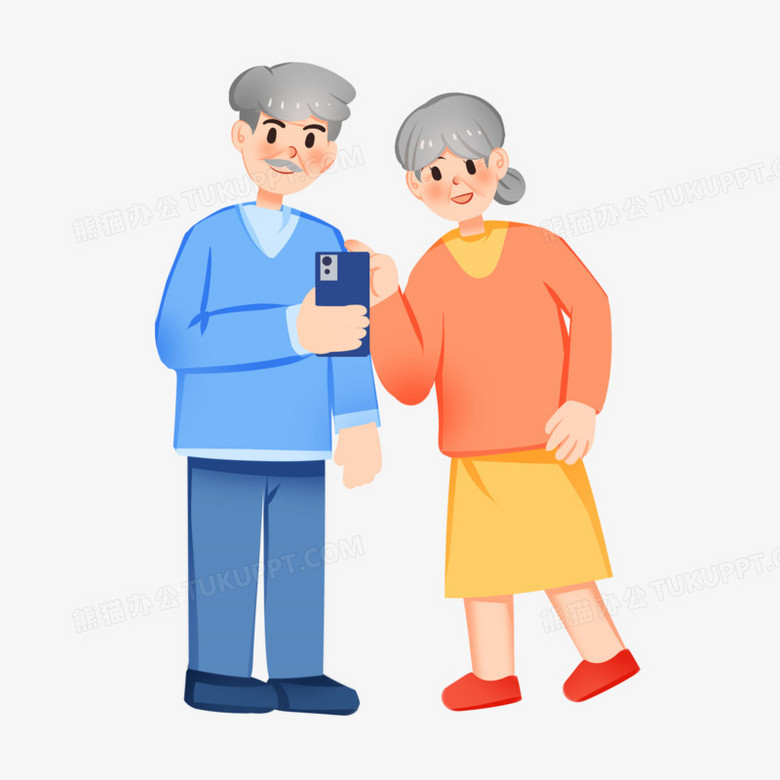 手绘卡通老人玩手机免抠素材