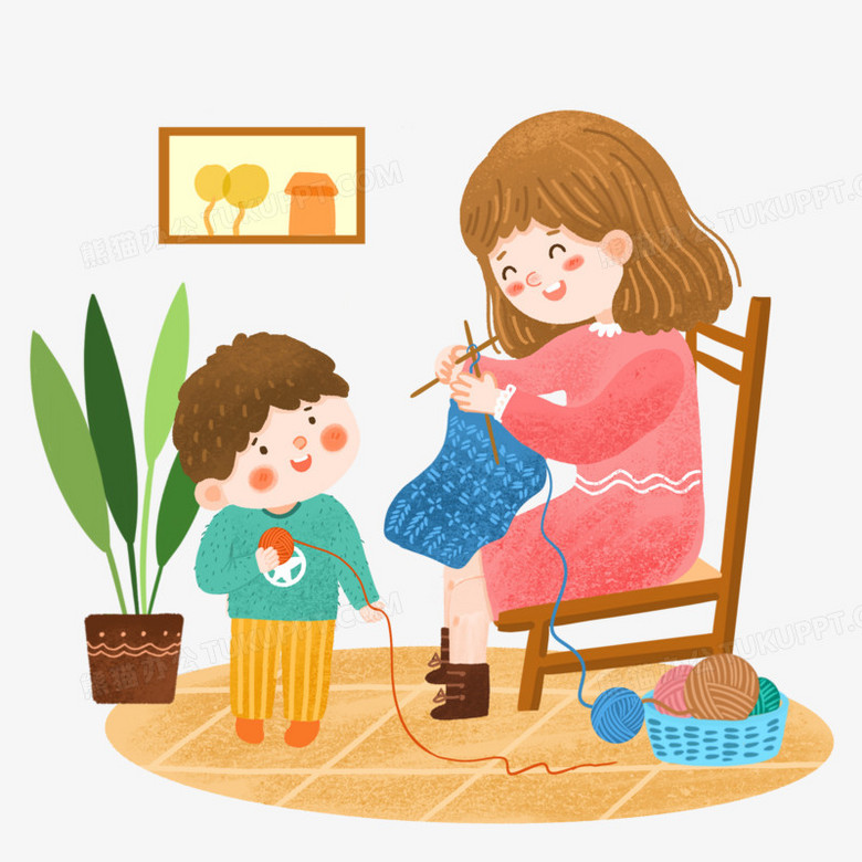 手绘卡通妈妈织毛衣场景插画免抠元素